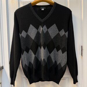 Vintage McGeorge Scottish Cashmere Sweater Black Gray Argyle V-Neck Size Large